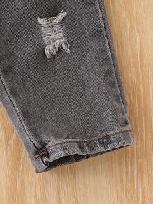 SHEIN 两件套幼儿/婴儿男女童休闲套装，白色长袖套头卫衣搭配黑色牛仔裤，舒适百搭的简约风格，适合室内、室外、日常穿着、运动、玩耍、聚会、拍照、度假，春夏秋冬皆宜。 - 紅色 - 查看 3