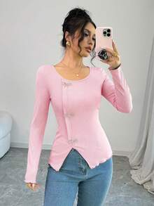 Elenzga Áo thun dài tay nữ tối giản đính nơ, kiểu dáng thoải mái, thích hợp mặc hàng ngày vào mùa xuân. - Hồng - Xem 7