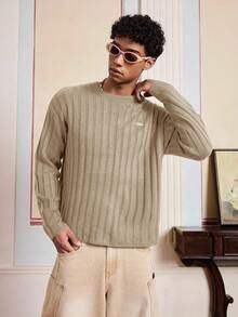 SWAVVY 男士绿色圆领休闲长袖字母图案套头毛衣 - 卡其色 - 查看 5