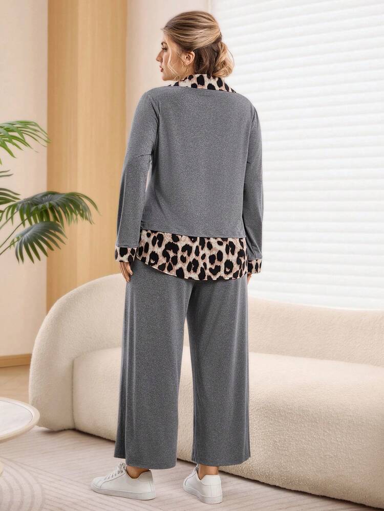 Plus Size Leopard Print Patchwork Top And Pants 2 Pieces Set, Casual For Autumn
