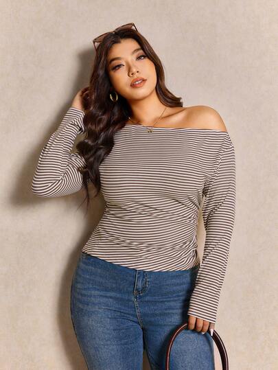 Elaquor 大码休闲不对称领条纹T恤，秋季款