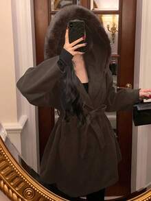 DAZY Women's Elegant Wool Collar Belted Wool Blend Coat, Autumn/Winter - Brown - View 3