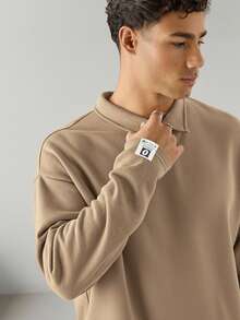 SWAVVY 男士针织休闲宽松长袖半开襟 Polo 衫，时尚日常穿着男士针织衫 Polo 衫，男士纽扣 Polo 衫 - 卡其色 - 查看 3