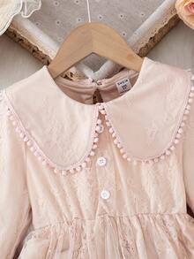 春秋新款甜美可爱女童蕾丝彼得潘领长袖收腰公主蓬蓬裙，适合日常穿着、度假、派对等场合 - 杏色 - 查看 4