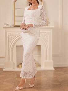 Amorya Đầm trắng thanh lịch dành cho nữ, cổ vuông, tay dài, chất liệu jacquard, dáng ôm sát, xếp ly, tà đuôi cá, thích hợp mặc hàng ngày, hẹn hò, dự tiệc vào mùa thu, đông, đầu xuân, cũng như các dịp lễ tình nhân. - trắng - Xem 6