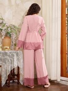 Côtesoire Bộ đồ ngủ dài tay phối màu hồng dệt kim cho nữ, cổ chữ V thanh lịch, viền ren. - Hồng - Xem 2