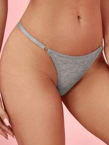 Women's Casual Grey Fabric Thong Panties With Ring Detail - Grey - View 4