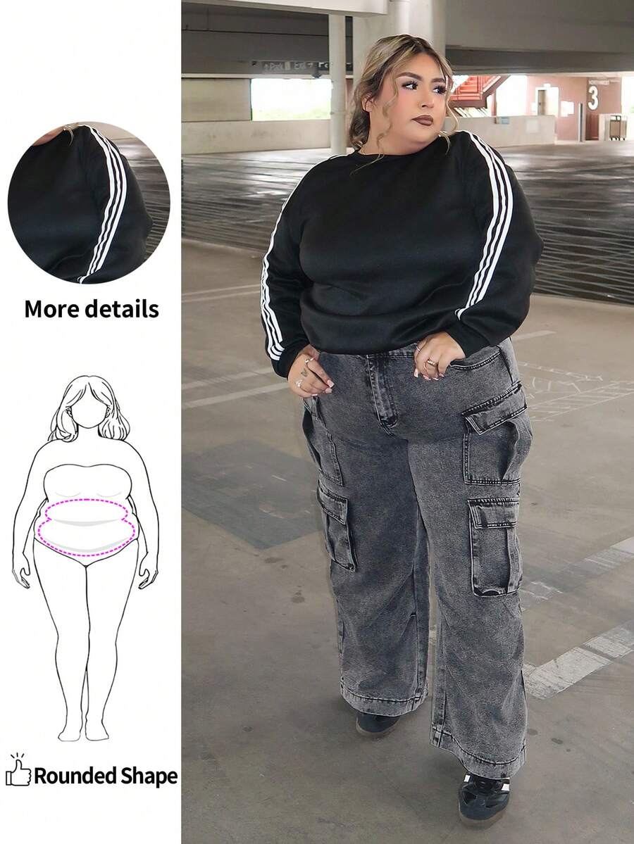Enliva Jeans cargo de pierna ancha, corte holgado y talla grande - Negro - Ver 1