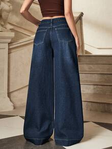 Selenza 女士时尚休闲街头风阔腿牛仔裤 - 深色水洗藍 - 查看 2