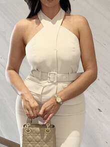 MDEdit 女士时尚露背吊带上衣和半身裙套装，适合上班 - 杏色 - 查看 3