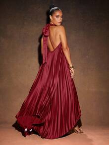 Hauture 性感优雅度假风褶皱纯色高低摆露背立领吊带长裙 - 酒紅色 - 查看 2