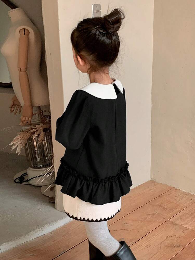 Young Girl' Contrast Color Peter Pan Collar Ruffle Trim Long Sleeve Blouse