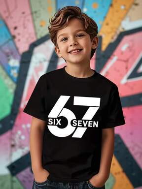 4-Season Versatile  Boys' Casual Fashion Creative Personalized Refreshing High-End Simple Colorful Digital 67 Lightning Graphic Letter Slogan Printed Relaxed Fit All-Match Short Sleeve T-Shirt, Comfortable Cozy Summer And Fall Styles Suitable For Tween Boys' Daily Casual Outfits