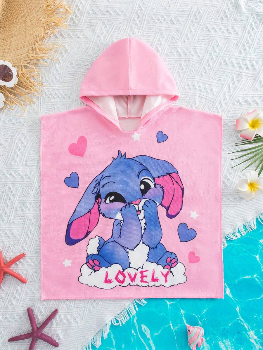 SHEIN Babygirl Cute Casual Pink Cartoon Pattern Hooded Loose Swimsuit Coverup - Pink - View 1