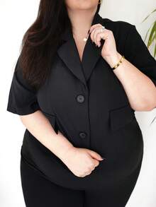 Truni Plus Size Women's V-Neck Short Sleeve Casual Blazer Graduation,Back To School,Teacher Outfits For Women In Fall/Winter, For Pear Triangle Body Shape, For Body Shape, For Summer - Black - View 5