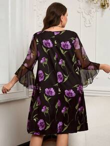 EMERY ROSE Vestido de fiesta elegante con estampado floral y mangas acampanadas para tallas grandes