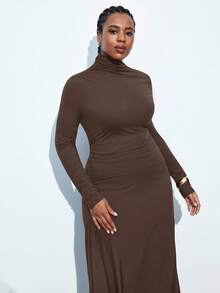 Maija Figurbetontes elegantes Kleid mit Raffungen und Langarm für Damen in Große Größen, geeignet für den urbanen Arbeitsweg, Business-Lässig, Weihnachten, Silvester-Party & Zusammenkünfte - Braun - Übersicht 4