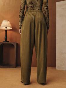 Anewsta Quần Harem nhung kẻ cổ điển dành cho nữ, cạp chun, quần ống rộng ôm dáng cổ điển, mùa thu/xuân - Màu xanh Ô liu - Xem 2