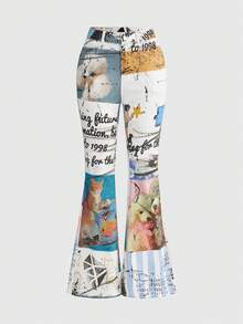 ROMWE Kawaii Y3k Cat & Dog Diamond Cake Star Print Skinny Low-Waist Stretch Flare Jeans - Multicolor - View 1