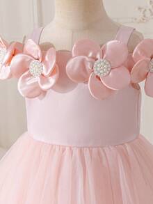 Glamorique Kids Abito senza maniche per bambine con decorazione floreale 3D in perline, tessuto in chiffon e raso a spalle scoperte, abito elegante di alta qualità per uso quotidiano, vacanze, matrimoni, feste di compleanno, esibizioni, principessa - Rosa - Visualizzare 5