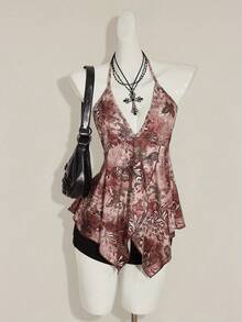 SHEIN ICON Áo hai dây hở lưng in họa tiết cổ điển - màu nâu - Xem 4