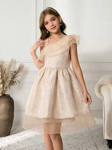 Tween Girls Elegant Jacquard Satin Asymmetric Ruffle Hem A-Line Mini Dress - Apricot - View 5