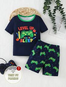 Young BoyVideo Game Glow-In-The-Dark Round Neck Short Sleeve Top And Shorts Pajama Set - Multicolor - View 2
