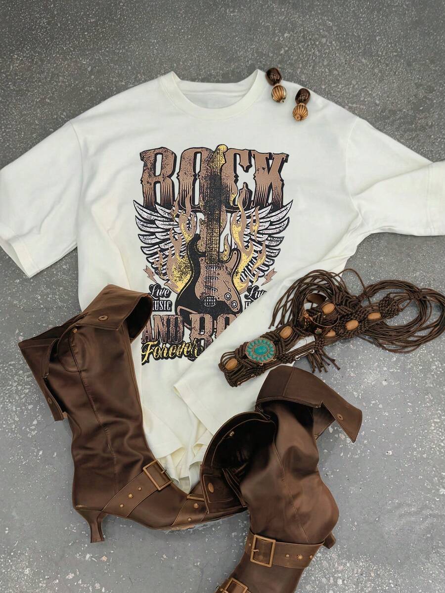 Glimmora Áo thun tay ngắn cổ tròn in chữ Guitar & Wing thường ngày - trắng - Xem 1