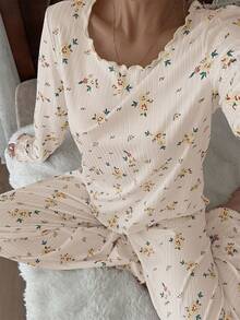 CottageSlumber 女士可爱碎花罗纹边长袖长裤浪漫花卉睡衣套装 - 黃色 - 查看 3