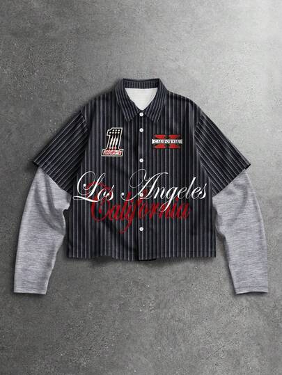 Camicia casual a righe e patchwork da uomo, autunnale