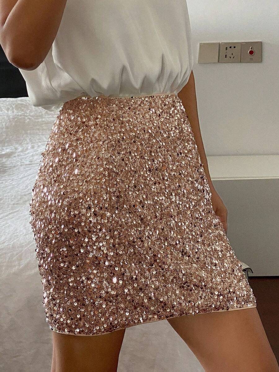 DAZY Women's Fashionable & Elegant Sequin Embellished Mini Skirt New Years Women Carnival - Apricot - View 1