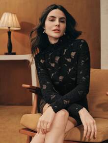 Anewsta Elegant Fashionable Sexy Versatile Fitted Sheer Textured Lace Long Sleeve Undershirt, Suitable For Fall, Winter, Spring, New Year, Party, Wedding - Black - View 6