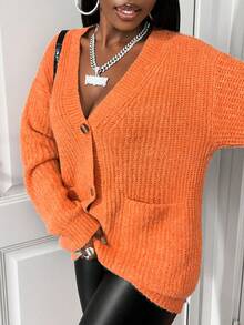 SHEIN BamGlam Damen Lässige V-Ausschnitt Knopf Taschen Langarm Strickjacke, Orange, locker & minimalistisch für den Alltag