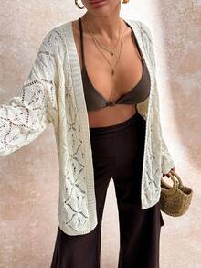 SHEIN Beige Open Knit Cardigan With Hollow Textured Pattern And Relaxed Fit Long Sleeves For Breezy Spring Layering - White - View 6