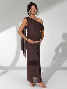 Cheriluna Maternity 优雅纯色不对称肩部孕妇摄影连衣裙 - 棕色 - 查看 6