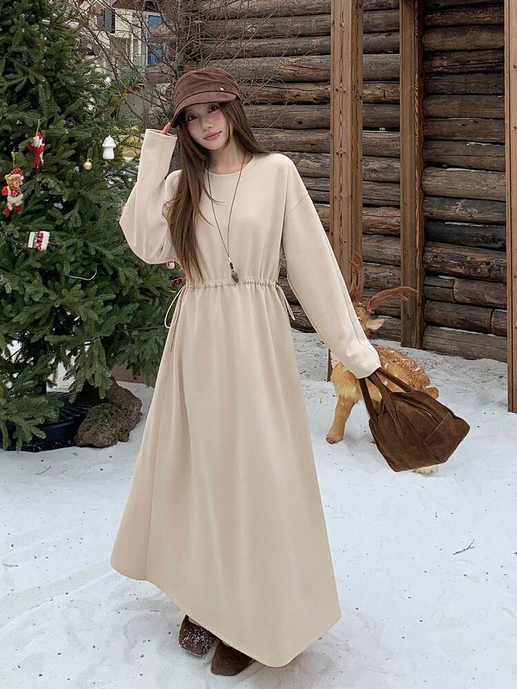 Women's Casual Solid Color Drawstring Hooded Sweatshirt Midi Dress, Autumn/Winter
