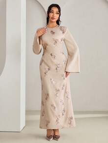 Veilorie Women's Floral Print Round Neck Elegant Long Sleeve Arabic Dress Luxury Dress For Women - Khaki - View 6