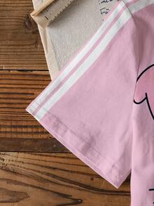 LOONEY TUNES X SHEIN 少女字母与卡通图案粉色圆领短袖T恤 - 白色 - 查看 5