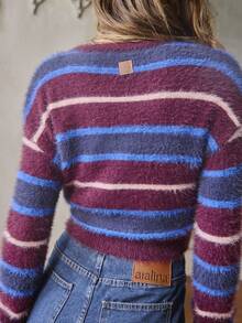 Aralina Áo khoác cardigan tay dài cài nút dệt kim kẻ sọc cổ điển ấm áp cho mùa đông dành cho nữ - Màu tím - Xem 1