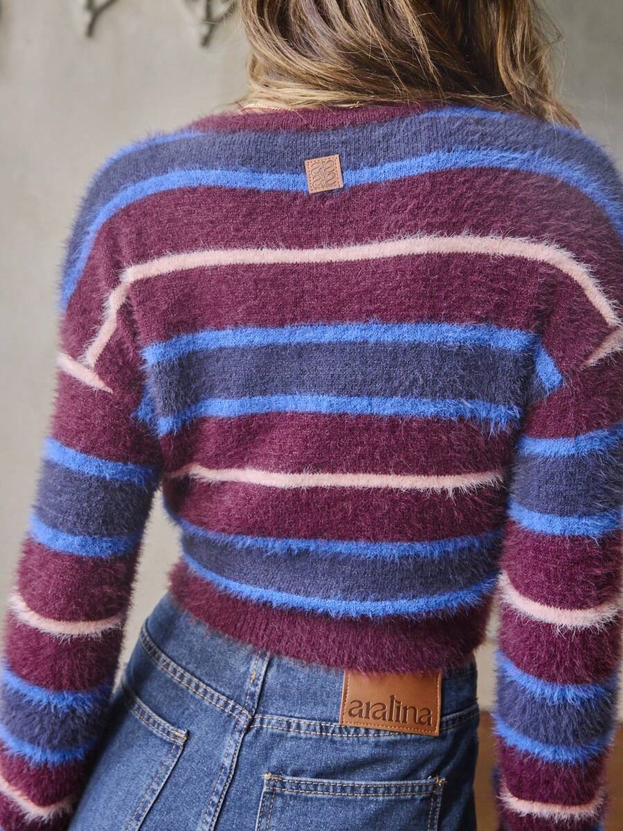 Aralina Áo khoác cardigan tay dài cài nút dệt kim kẻ sọc cổ điển ấm áp cho mùa đông dành cho nữ - Màu tím - Xem 1