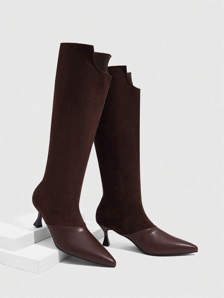 CUCCOO SZL Women's Pointed Toe Kitten Heel Black Suede Fashionable Minimalist Commuter Versatile Knee-High Boots For Christmas
