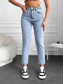 EURMUSE 100%Cotton Snow Washed Cropped Mom Fit Jeans - Light Wash - View 5