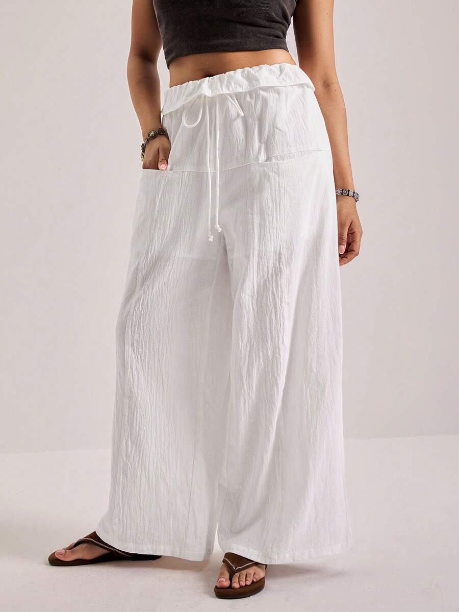 Freevana Plus Size Women Casual Drawstring Waist Loose Wide Leg Pants, Solid Color, Versatile For Vacation, Daily Commute White Pants Casual Wide-Leg Pants - White - View 1