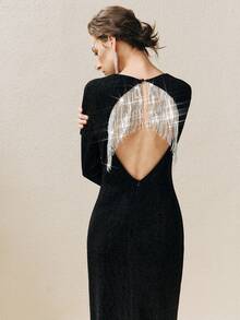 Arave Damen glänzendes elastisches Stoff X-förmiges Taille Cut Out Rücken Quasten Design elegantes Abendkleid - Schwarz - Übersicht 1