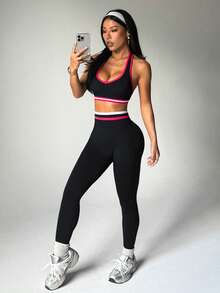 Dewbera 女士撞色滚边露背吊带上衣和紧身裤运动套装 - 黑色 - 查看 6