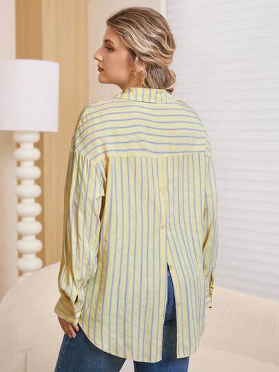 EMERY ROSE Camisa casual de manga larga con botones y estampado de rayas para tallas grandes