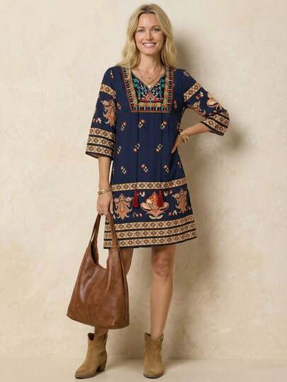 EMERY ROSE Floral Tassel Tie Neck Blue Dress Tunic Summer Dress