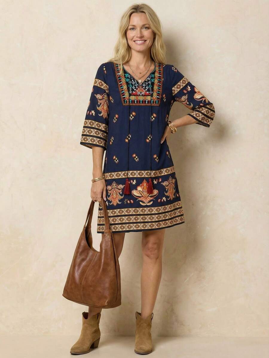 EMERY ROSE Floral Tassel Tie Neck Blue Dress Tunic Summer Dress