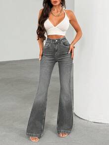 Woman Stretch High Waist Bootcut Denim Jean - Grey - View 6