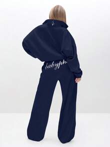 BABYPHAT Oversized Zip Up Sweatshirt With Script Print And Figure Design Fall Winter Casual Loungewear Sweatshirt - Navy Blue - View 5